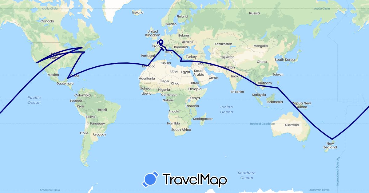 TravelMap itinerary: driving in Canada, Spain, France, Greece, Croatia, Italy, Morocco, Monaco, Mexico, New Zealand, Philippines, Thailand, United States (Africa, Asia, Europe, North America, Oceania)